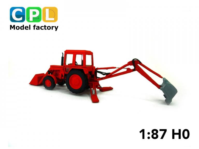 Traktorbagger MTS-82 Frontlader – rot Arbeitsstellung Arm unten